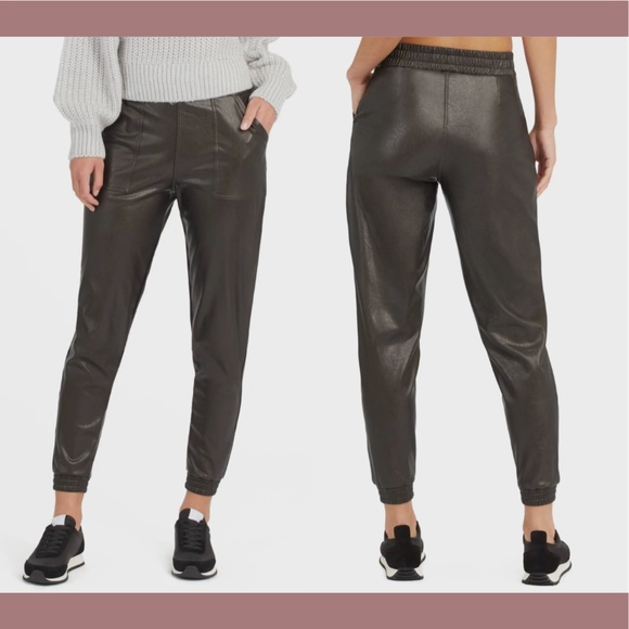 NWT $148 Spanx [ Medium ]‎ Faux Leather Jogger Pants in Noir Black - Picture 1 of 15